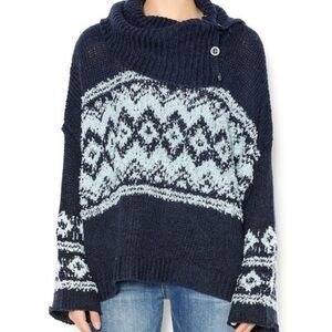 Free People Chunky Blue Cowl Neck Sweater with Button Detail, Size L